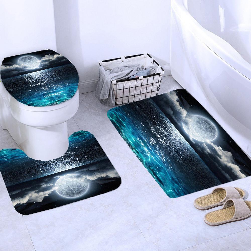 Waterproof Shower Curtain Set Moonlight Sea Starry Sky Scenery Bath Rug And Mats With Hooks Toilet Seat Cover Bathroom Decor