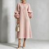 Women's 3D Floral Sleeves Round Neck Button Front Loose Fit Midi Dress for Vacation
