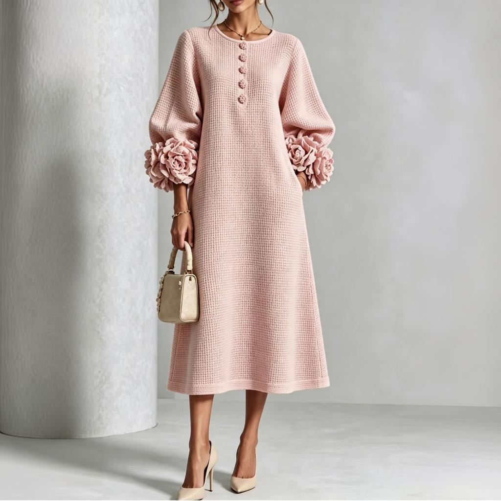 Women's 3D Floral Sleeves Round Neck Button Front Loose Fit Midi Dress for Vacation