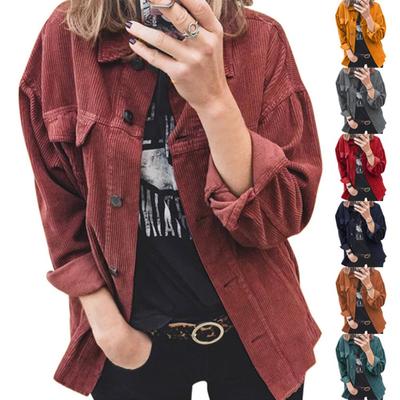 Women's Lapel Long Sleeve Corduroy Button Down Shirt Jacket Loose Fit Thick Striped Casual Shacket For Spring Fall