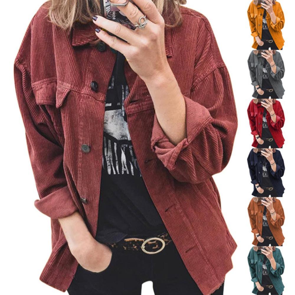 Giacca Camicia da Donna a Revers a Manica Lunga in Velluto a Coste con Bottoni, Vestibilità Larga, Spessa a Righe, Casual Shacket per Primavera Autunno
