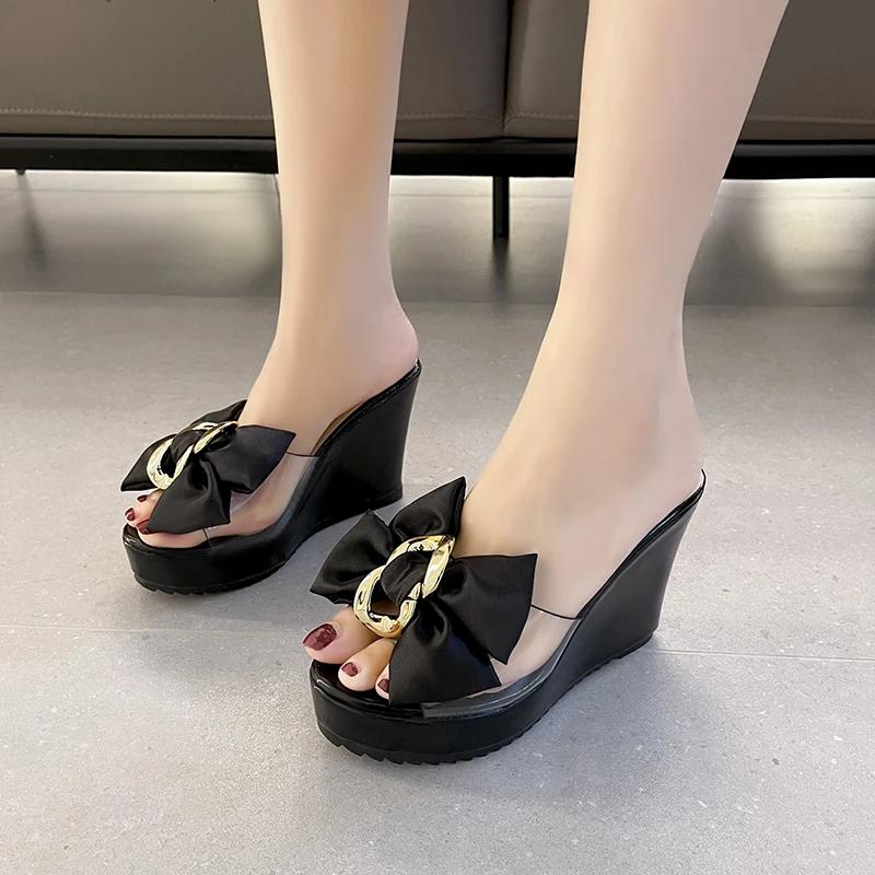 Wedge Slippers For Women Big Butterfly Decor Summer Sandals Comfort PVC Transparent Slides Women Platform Slippers High Heels