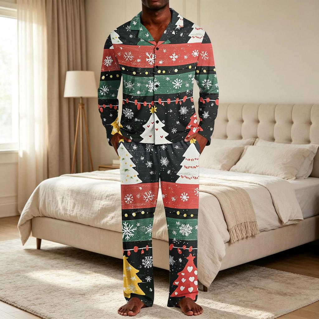 Men's Christmas Pajama Set with Button Down Shirt and Straight Leg Pants, Casual Print Sleepwear Two Piece Outfit, Festive Holiday Loungewear