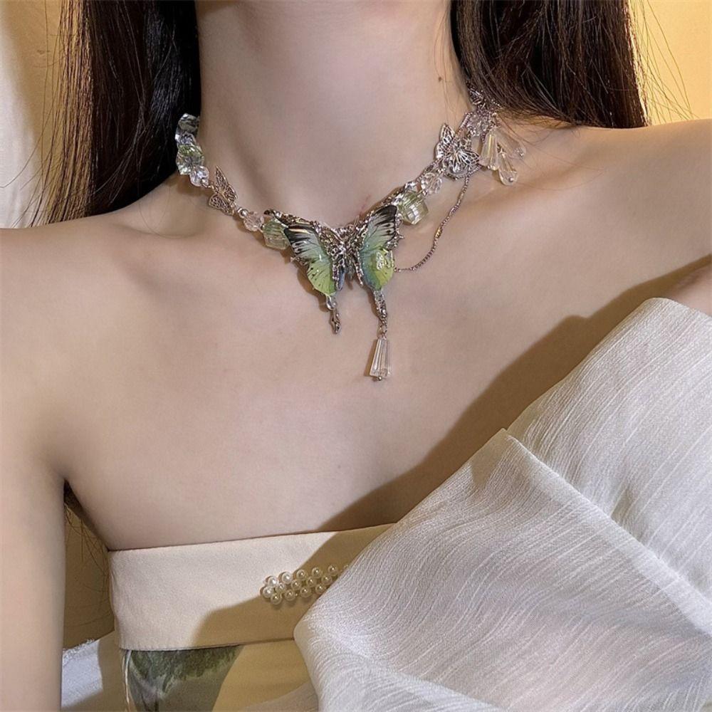 Sweet Rhinestone Butterfly Necklace Exaggerated Women's Choker Tassel Crystal Necklace  Party