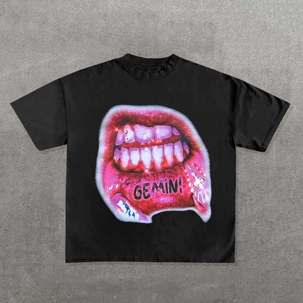Y2k Streetwear Trendy Big Mouth Graphic Print Oversized TShirt Womens Fashion Round Neck Loose Versatile Casual Short Sleeve