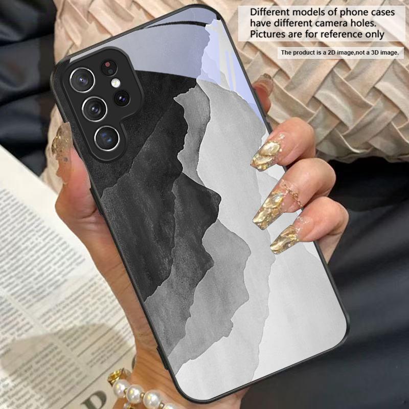 Ink Landscape Painting For For Samsung Galaxy S25+ S24+ S26 Ultra S25 Edge S24 FE S23 S22 S21 S20 Plus Black Glass Phone Case