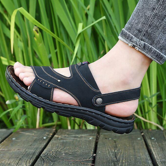 Fashion Men's Summer New Sandals and Slippers Men's Leather Sandals Adult Thick-soled Beach Shoes Non-slip Open-toe Leather Sandals