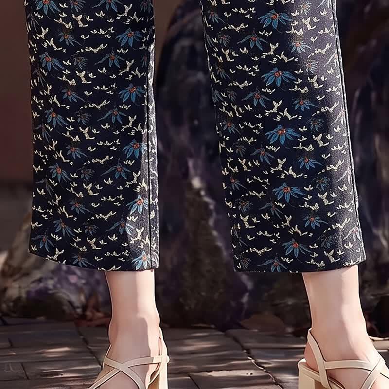 Women's Floral Silk Blend High-Waisted Wide-Leg Pants