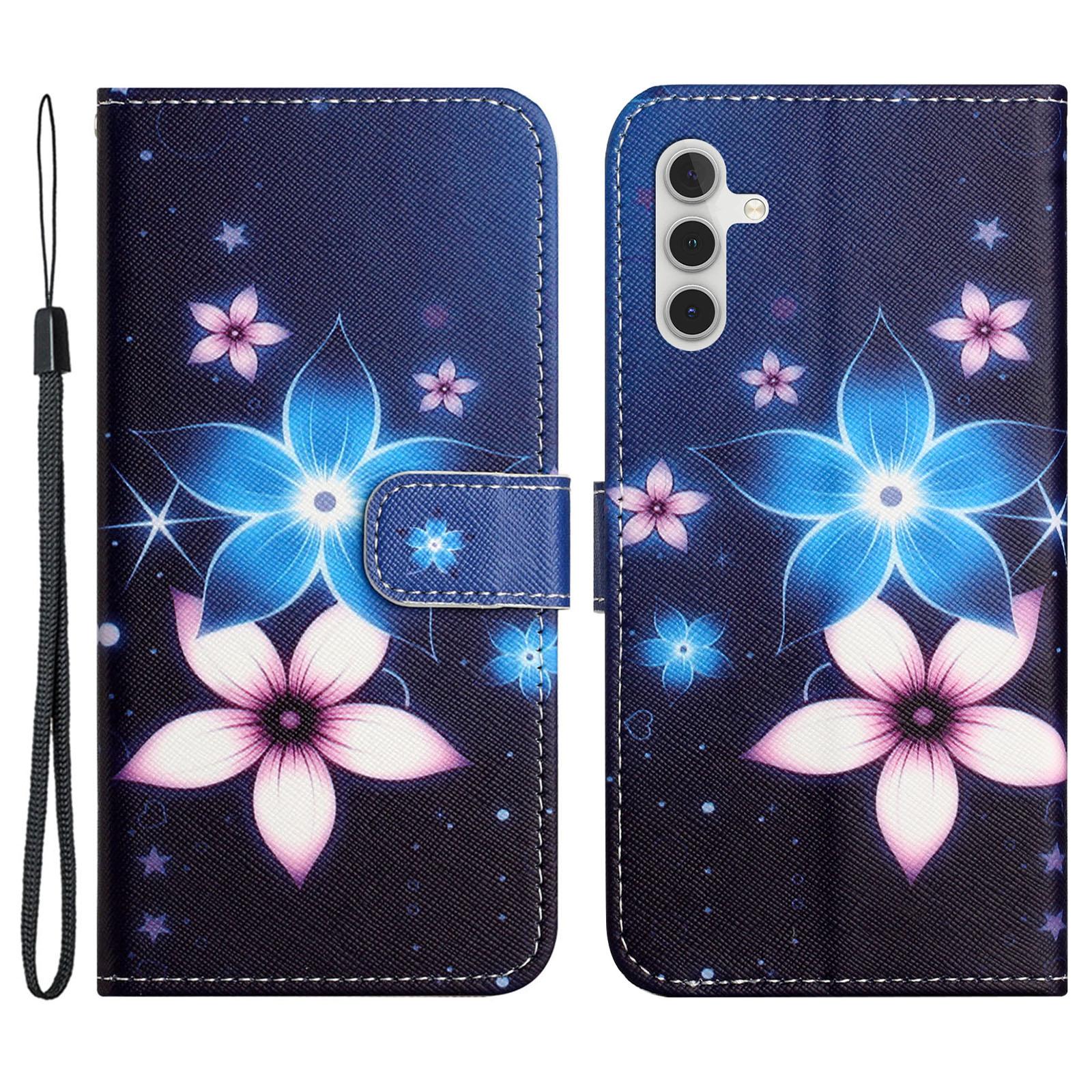 

Для Samsung Galaxy S24 FE Чехол Кожаный Чехол для Телефона Текстура Крест Печать Blue Flower