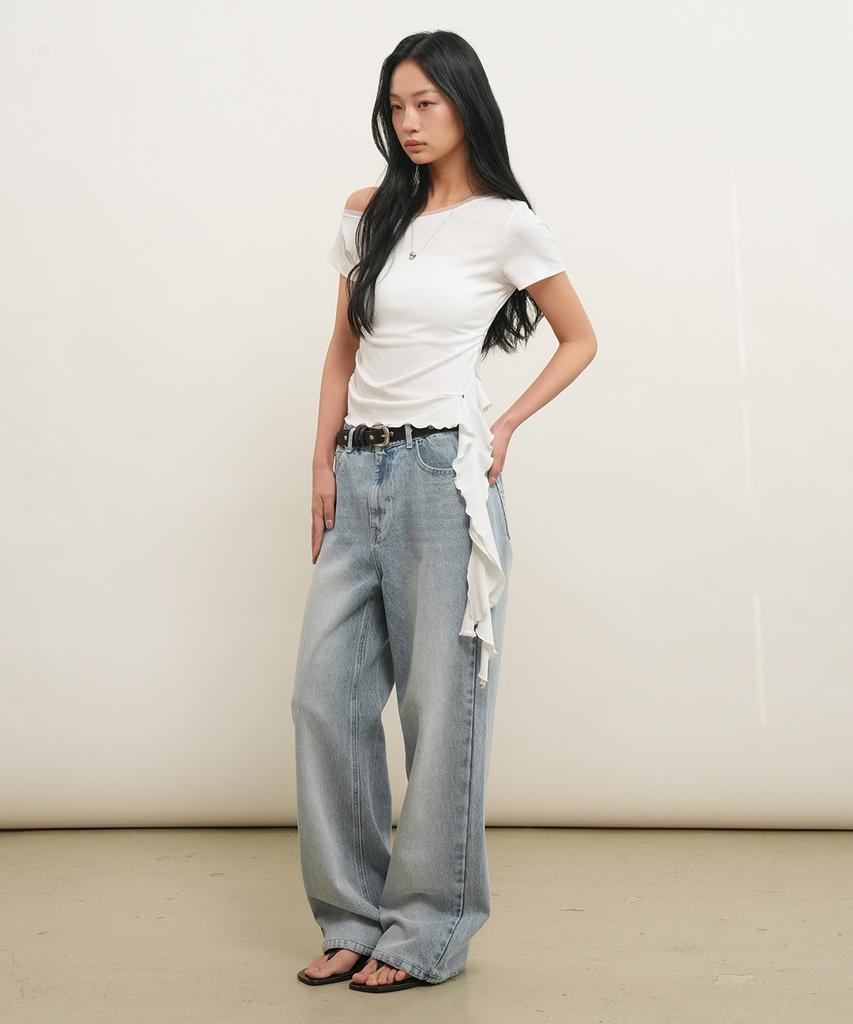 GENERALIDEA Mesh-Trimmed One-Shoulder T-Shirt [White] / Gf2Lts526
