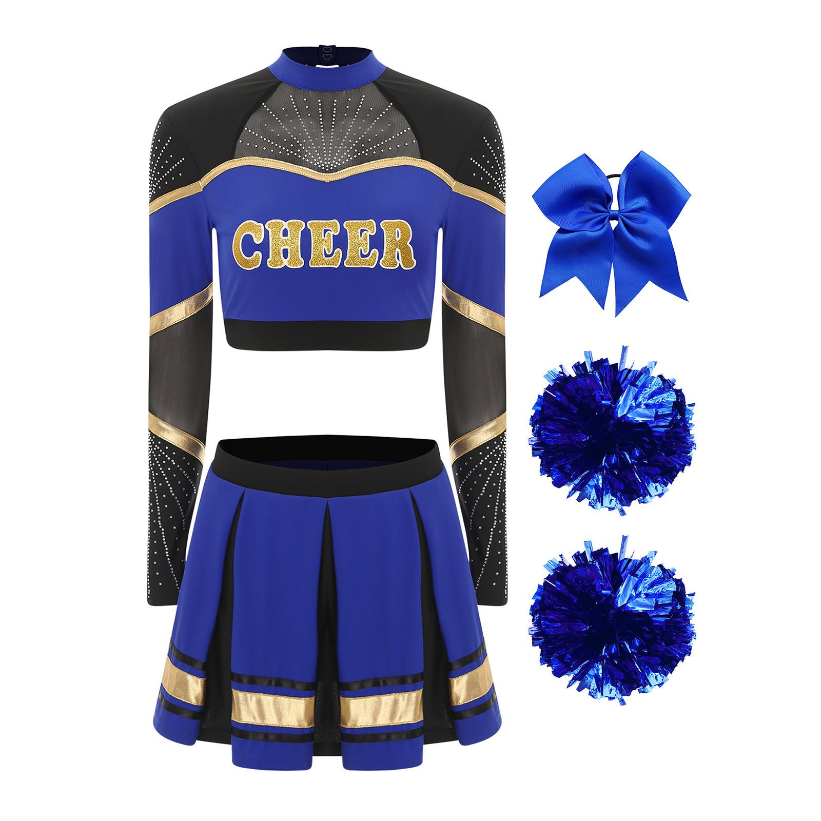 

Жіночий костюм для чирлідингу та танців, кроп-топ з довгим рукавом, прикрашений стразами, комплект зі спідницею плісе S синій
