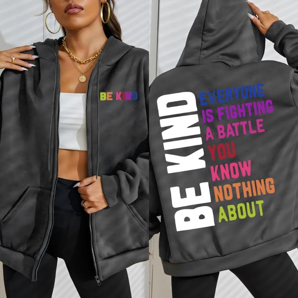 Be Kind Colorful Art Letter Printing Zipper Hoodies Women Soft Hip Hop Hoodie Fleece Loose Clothes Street Woman Hoody