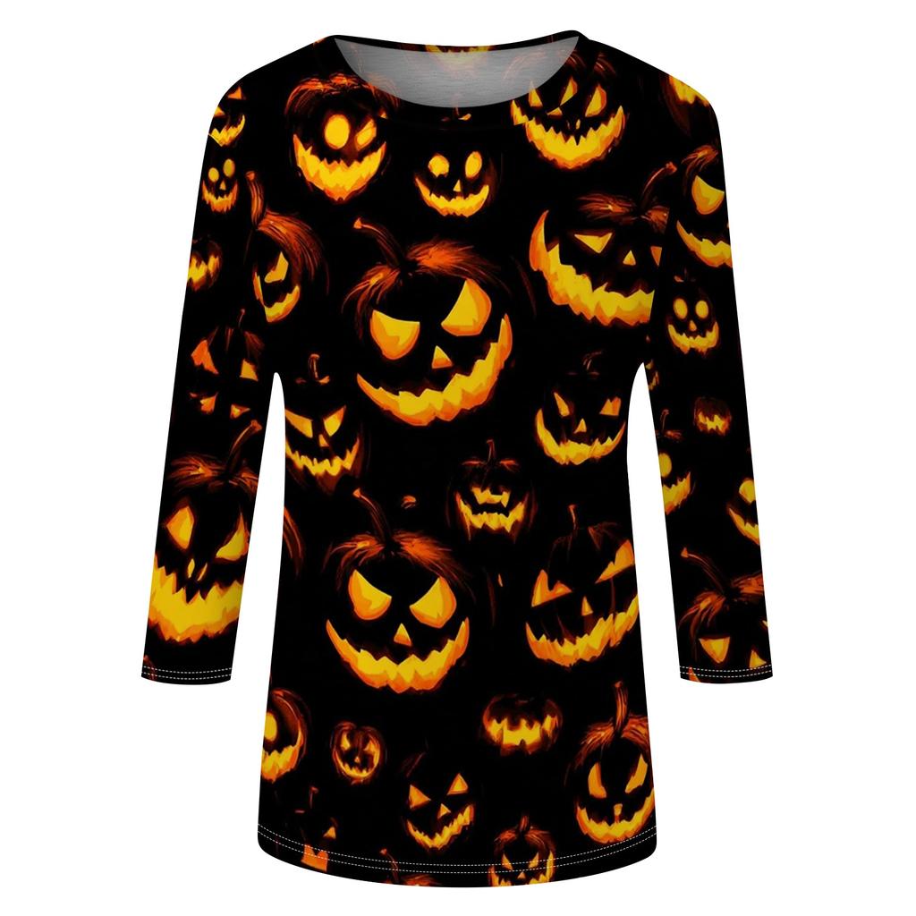 Women Casual 3/4 Sleeve Halloween Print Pullover Top Round Neck Lightweight Soft Fabric Comfortable Fit