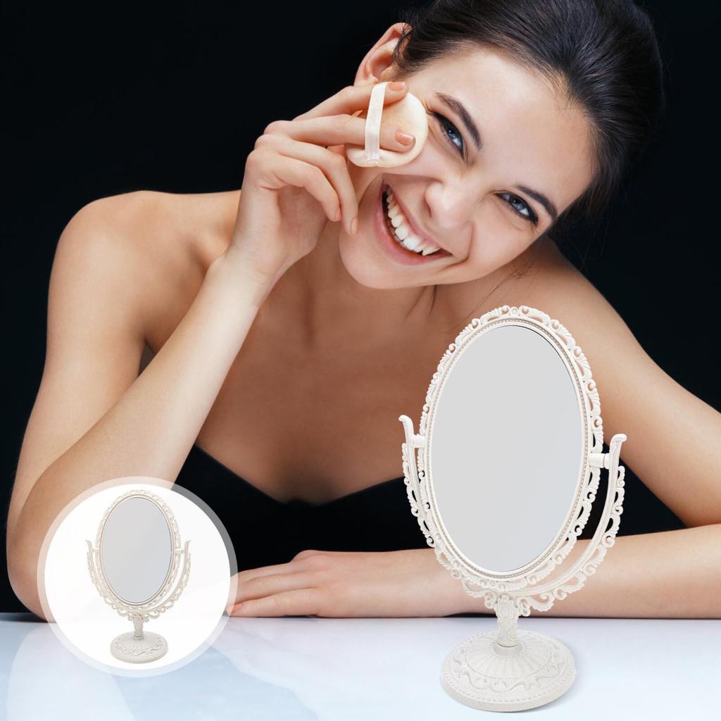 FRCOLOR Tabletop Vanity Stand Antique Freely Adjustable Makeup Tabletop Stand Princess Oval Mirror, Double-Sided Mirror, Mirror, Style, Rotating,