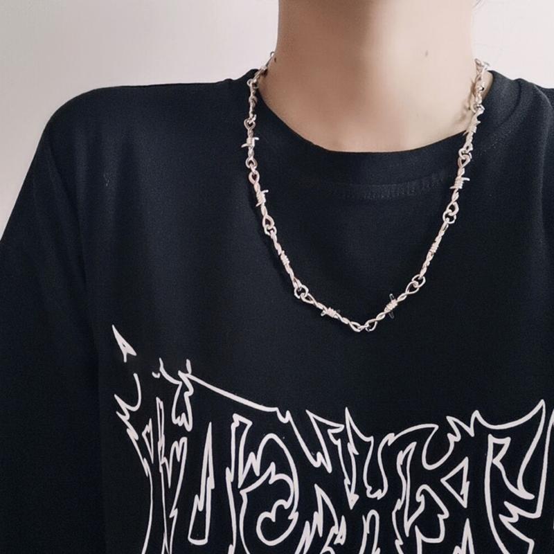 Punk Thorns Necklace Gothic Barbed Wire Chain Necklace for Men Women Adjustable Hip Hop Bramble Chokers Necklace Jewelry
