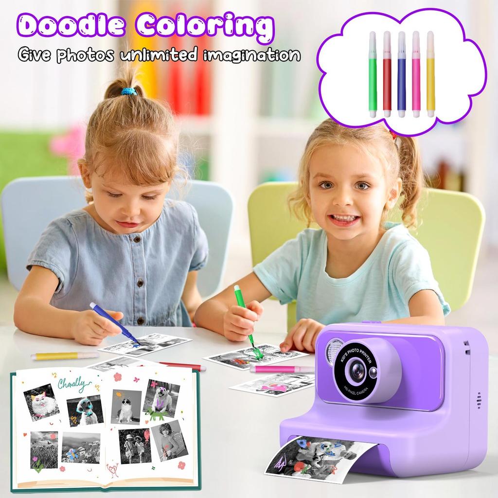 Kids Camera Instant Print, Christmas Birthday Gifts for Girls and Boys, 1080P HD Video Digital Kids Camera with 32G Card, Toddler Camera for 3-12