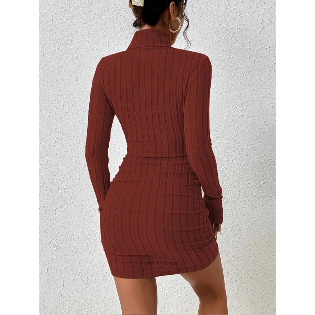 2024 Women Clothing New Solid Dresses Mini Dress Club Elegant Party Dresses Black Solid Turtleneck Long Sleeves SheathDress