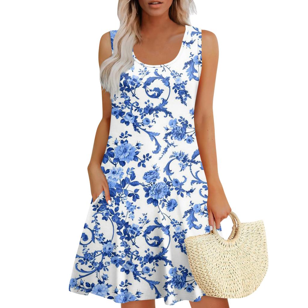 Women's Summer Casual U-shaped Tie Pocket Popular Floral Print Dress