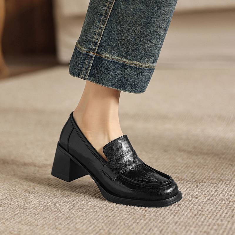 

Krazing Pot Sheepskin Round Toe Thick Med Heels Spring Shoes Slip on Big Size 42 Loafers Women Platform Pumps 34 чёрный