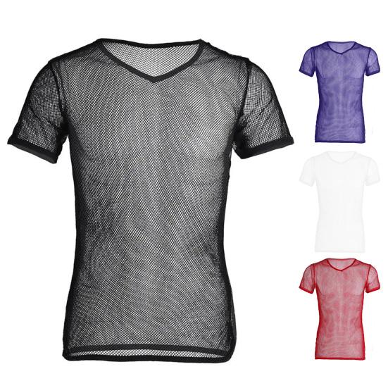 Men V-Neck Color Short Sleeve Hollow Tops Breathable Casual Style Tops