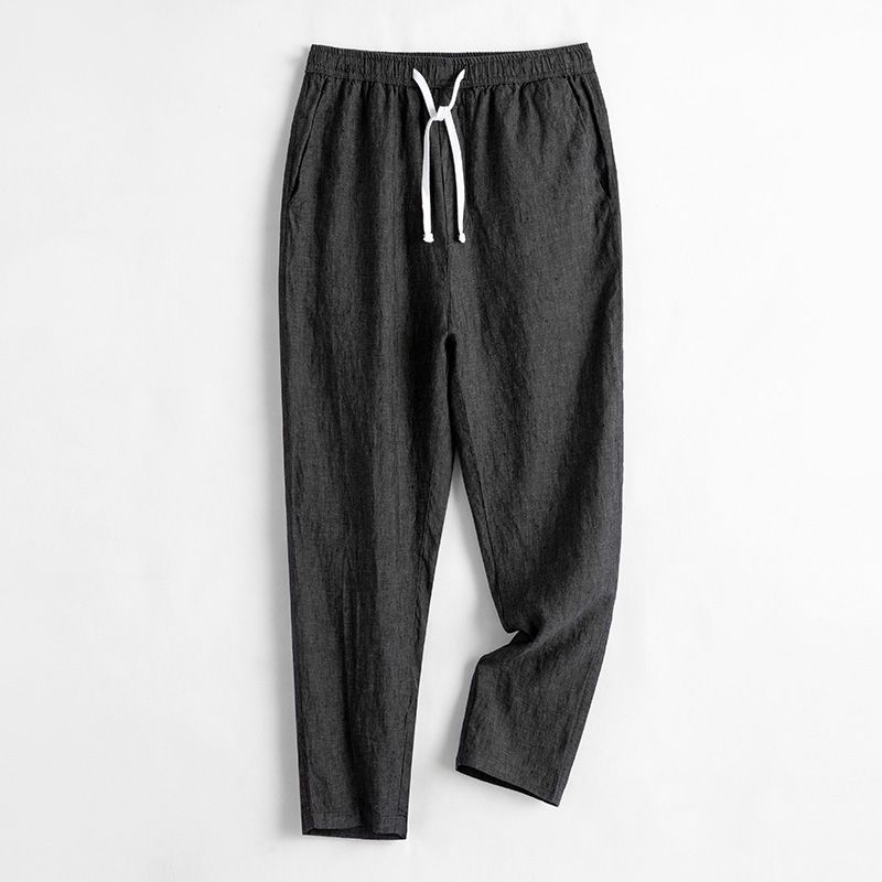 

Spring Autumn Fashion Cotton Hemp Solid Color Elastic Men s Clothing Waist Casual Pocket Drawstring Simplicity Straight Pants M чорний