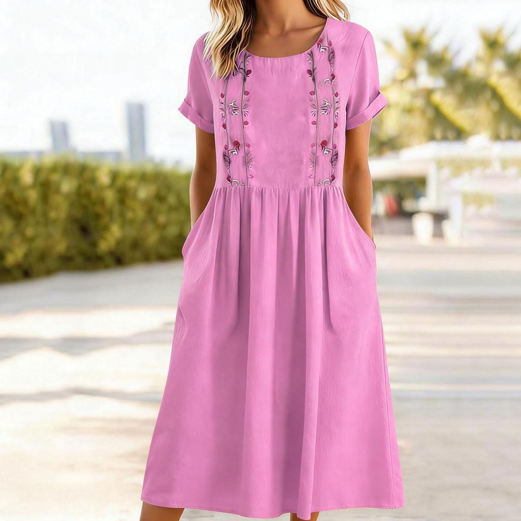 Women's Cotton And Linen Embroidered Printed Round Neck Pocket Short Sleeved Dress