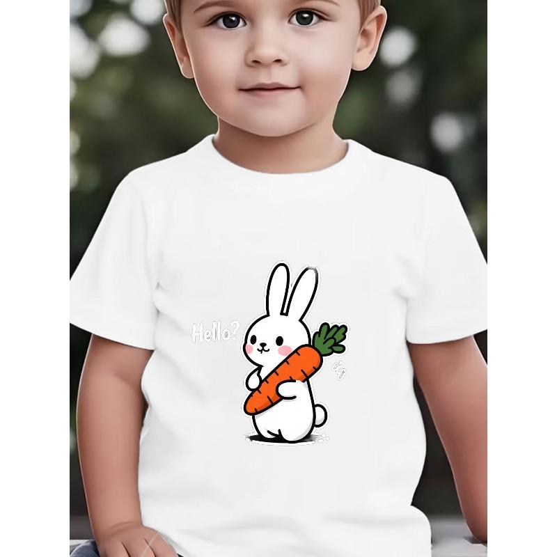 Boy Crewneck Short Sleeve T-Shirt, Cute Rabbit Cheeks Holding Carrot Green Tassels Cartoon Print 110