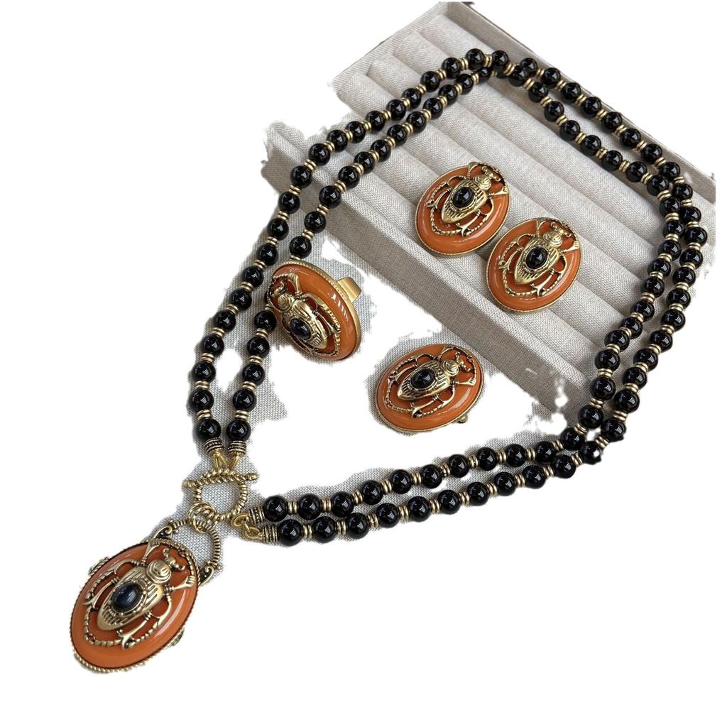 Russian Gold Dripping Orange Retro Insect Scarab Beaded Double Layer Necklace Ear Pat Ring Brooch Set