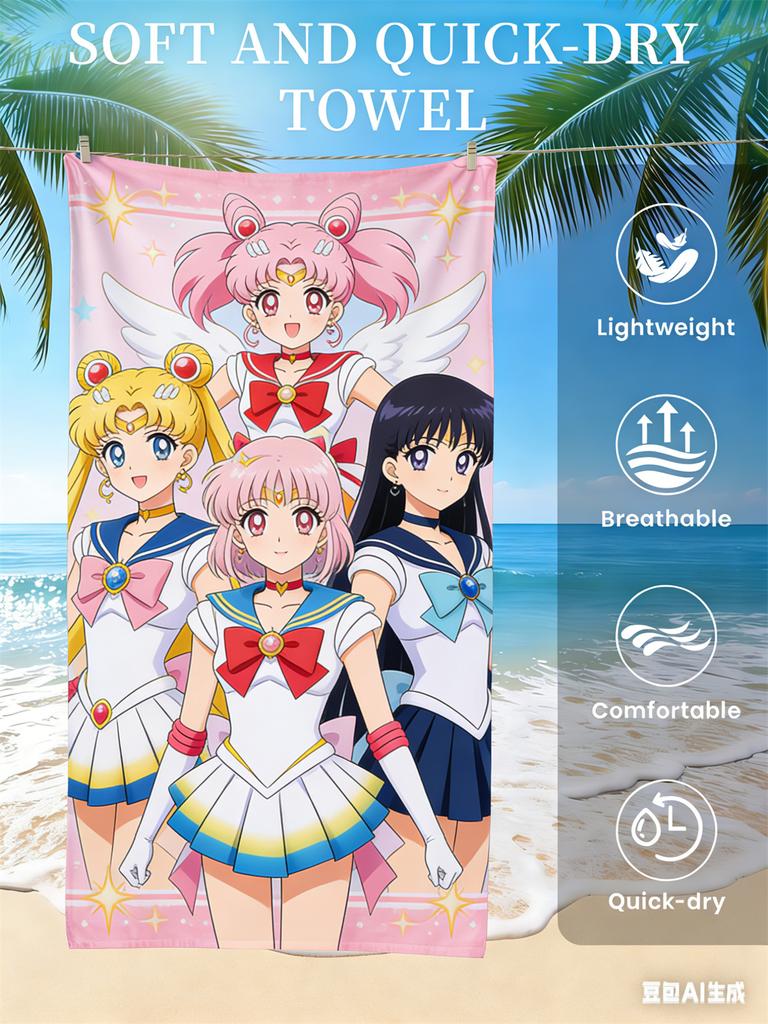 Sailor Moon Beach Towel, Anime Fan Favorite Character Print Quick-Dry Towel for Beach, Pool, Vacation , Magical Girl Enthusiasts