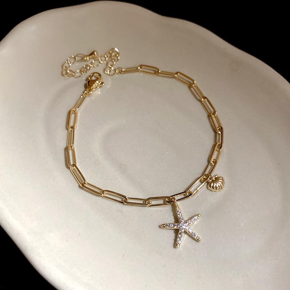 Copper Zircon Metal Shell Starfish Bracelet Sea Series Beach Hand Chain Girls