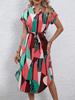 Women's Resort Style Color Block Dress with Belted Waist and Short Sleeves