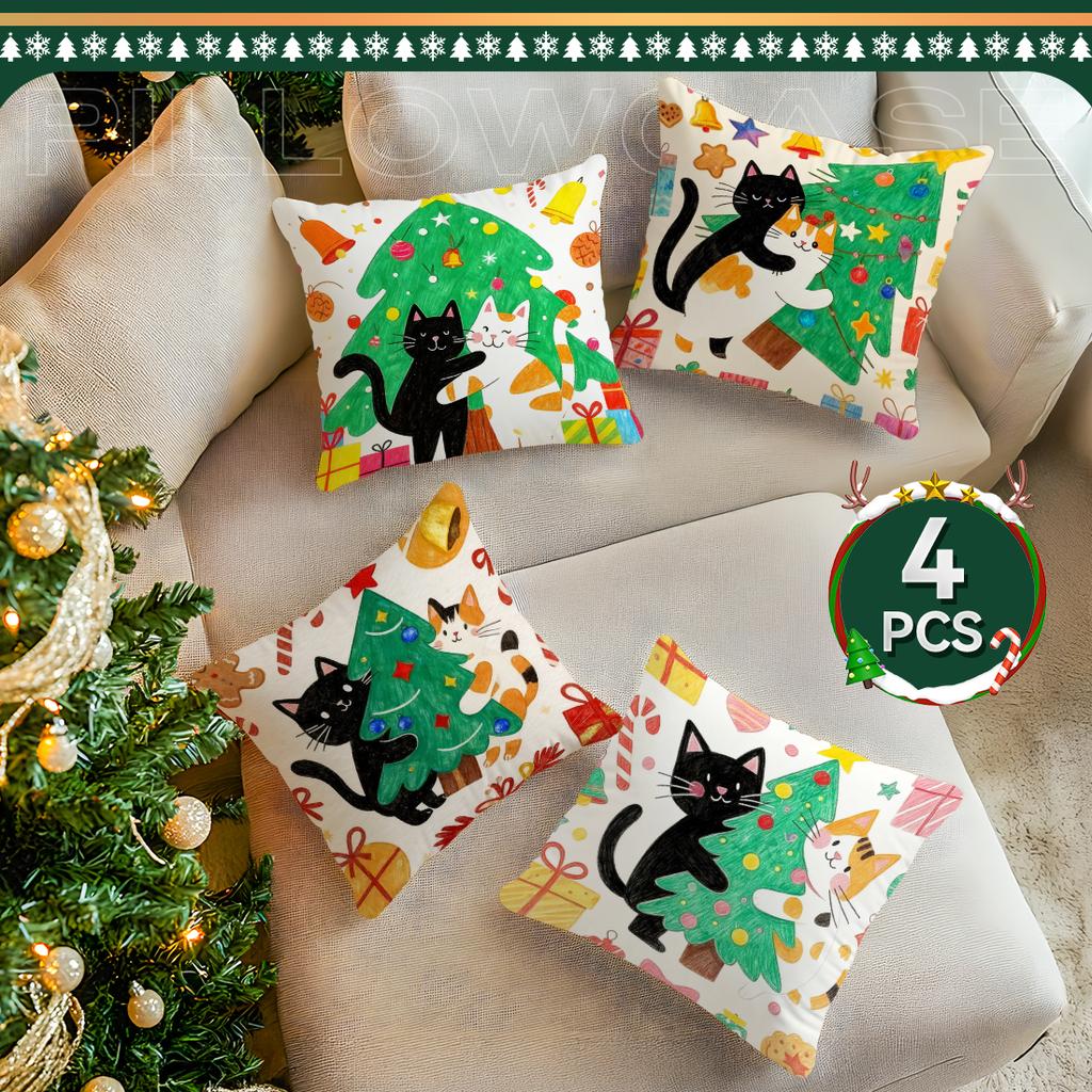 Christmas Tree Cat Pillowcase Printed Polyester 40/45/50cm Throw Pillowcover Decorative Sofa Cushion Pillowslip Home Decor