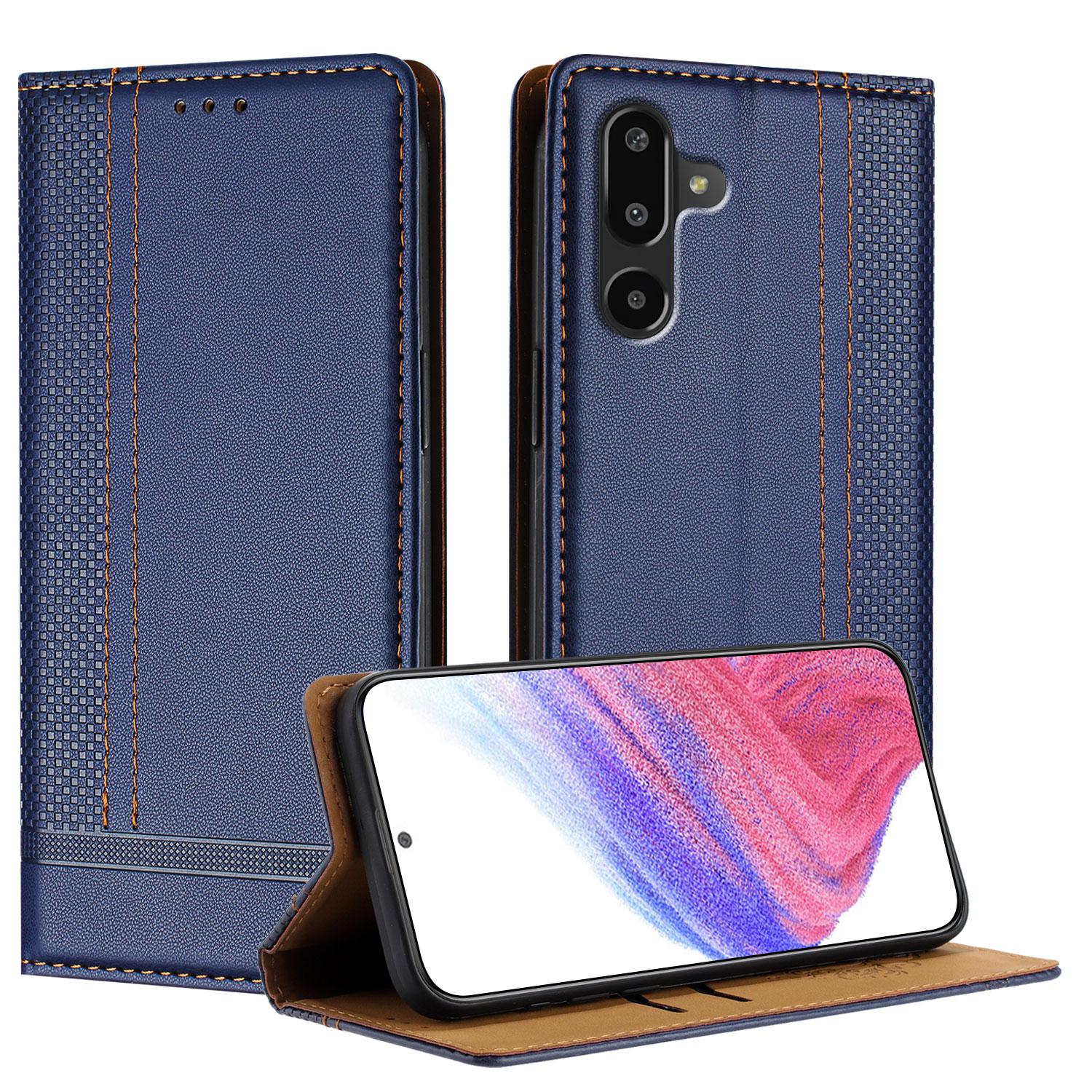 

For Samsung Galaxy M16 5G/Galaxy F16 5G Case L-Shaped Grid Pattern Leather Stand Phone Cover with Card Slots Blue