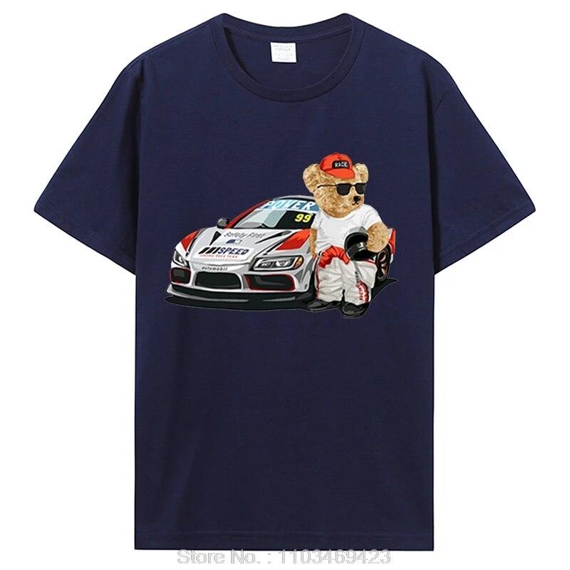 

Футболка унисекс с надписью Teddy Bear Race Car, забавная футболка с рисунком, хлопковая футболка с короткими рукавами, одежда оверсайз, уличная одежда L