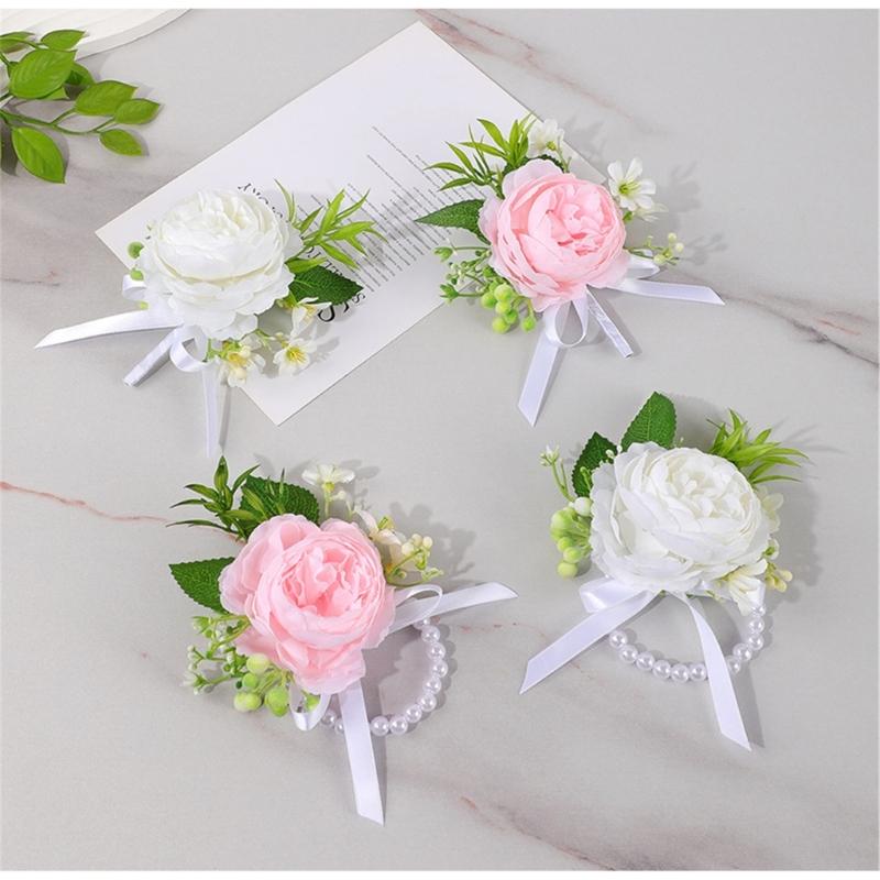 Simulated Rose Wrist Corsage Artificial Rose Wedding Boutonniere for Groom Bridesmaid Wedding Bridal Showers Proms