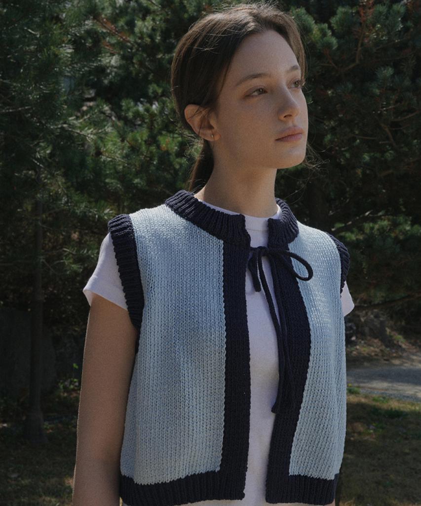 VLETI Ribbon Cotton Knit Sleeveless Vest (Sky Blue)
