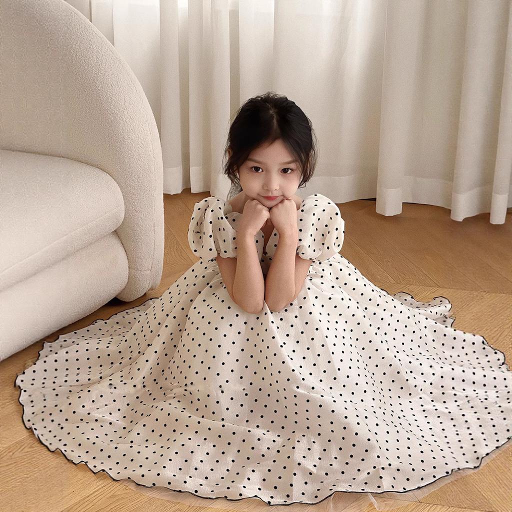 Vestito da Festa a Pois per Bambina Estate Maniche a Bolla Abito da Principessa Eleganza Discreta Stile Coreano Giapponese 2-7 Anni