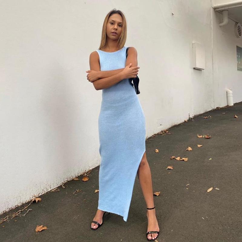 Summer Spaghetti Strap Knitted Dress Women Backless Slim Hip Ladies Solid Color Sling Long Party Dress