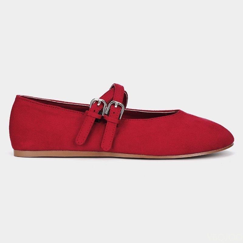 New Fashionable Soft Bottom Casual Red Women'S Shoes Solid Color Shallow Mouth Double Thin Belt Buckle Women'S Flat Shoes