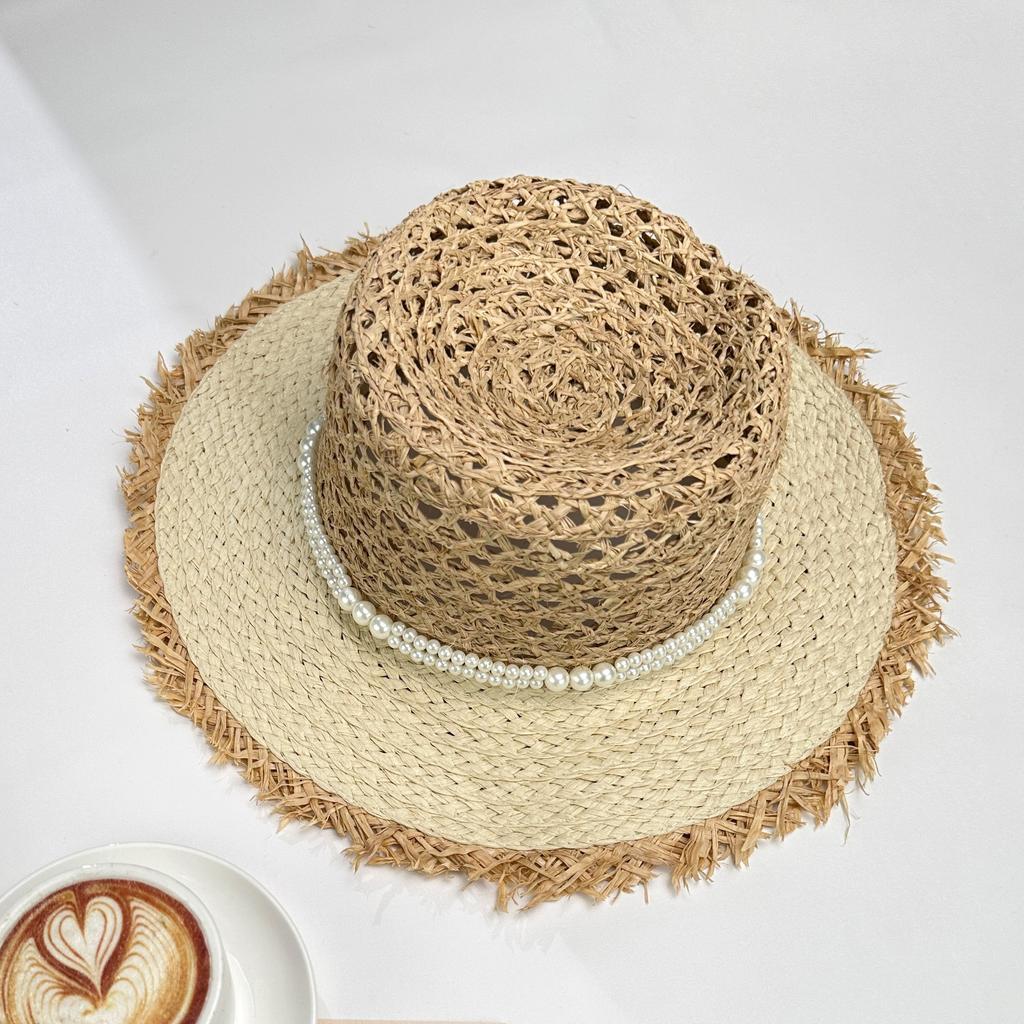Summer big brim sun hat women's fashion ins seaside sun protection straw hat pastoral pearl face small sun hat