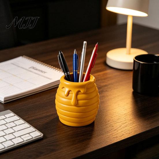 Office Desktop Organizer 3D Printed Honey Jar Pen Holder, Creative Desk for Small Item Storage Box Stationery, Makeup Brush Toothbrush Cute Container
