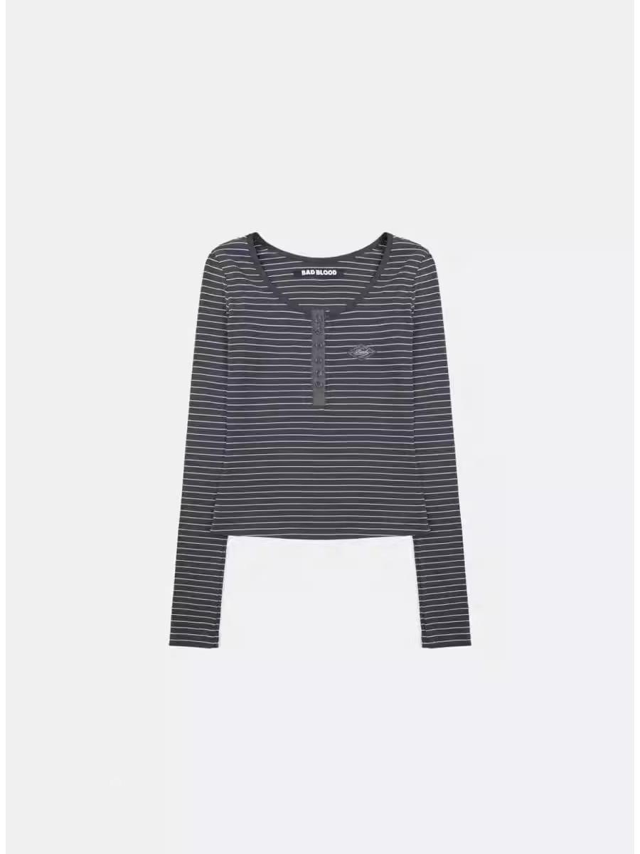 

Американский полосатый топ с полупуговицами и круглым вырезом, стройнящий - Универсальная, сексуальная, омолаживающая рубашка для женщин Small