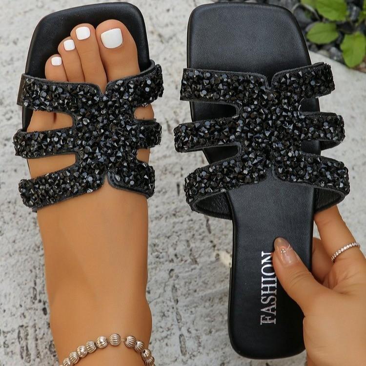 36-43 Schuhe für Damen Sommer Mode Sexy Lässig Bequem Einfarbig Kristall Sandalen Eckige Zehenpartie Flache Slipper Zapatos Mujer