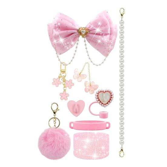 1 Set Tassenhülle Funkelnde Strasssteine Schleife Plüschball Dekoration Kunstperlen Lanyard Tassenzubehör mit Silikonboden-Schutz