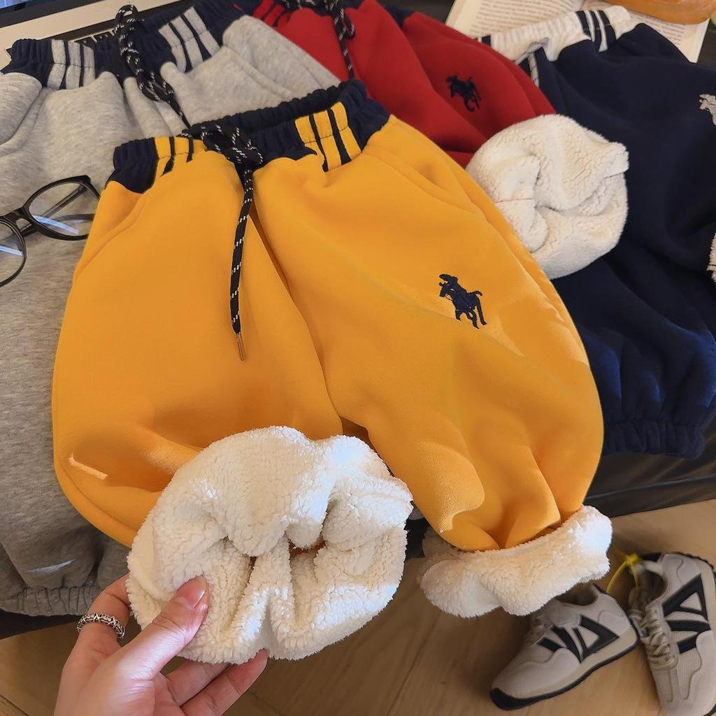 Kids' Unisex Korean Style Fleece Lined Embroidered Joggers for Autumn/Winter