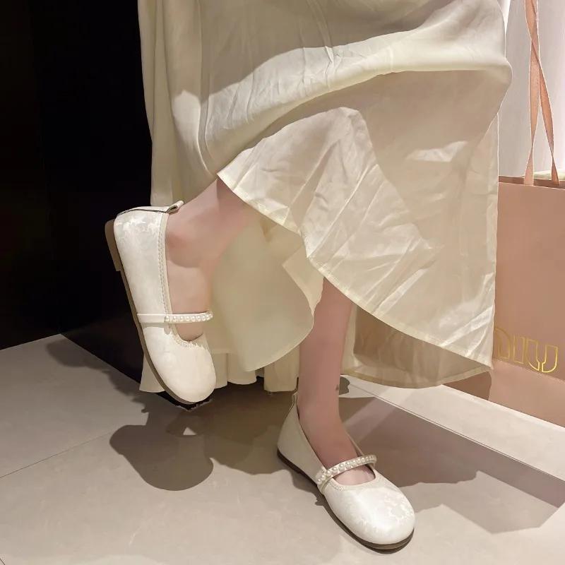 Modă 2024 Primăvară și Toamnă Nou Pantofi Oxford cu Vârf Rotund și Gură Joasă Decor cu Perle Pantofi Casual de Ocazie Mărimi Mari Zapatillas Mujer