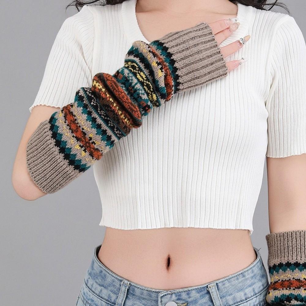 Bohemian Style Knitted Fingerless Sleeves Thickened Warmer Long Cuff Y2K Star Arm Cover  Winter