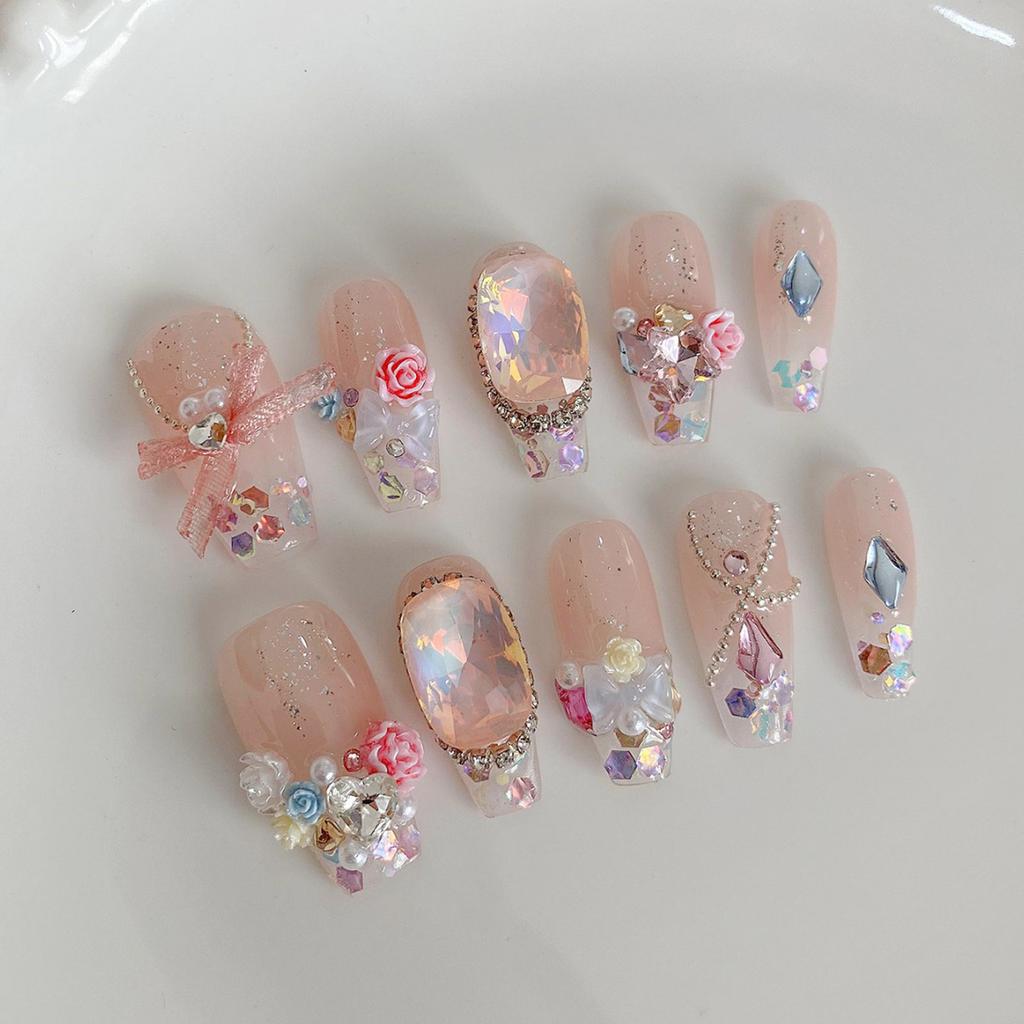 Clear Pink Fake Nails with Flash Glitter Natural-looking Easy To Take On and Apply for Women and Girl Nail Salon