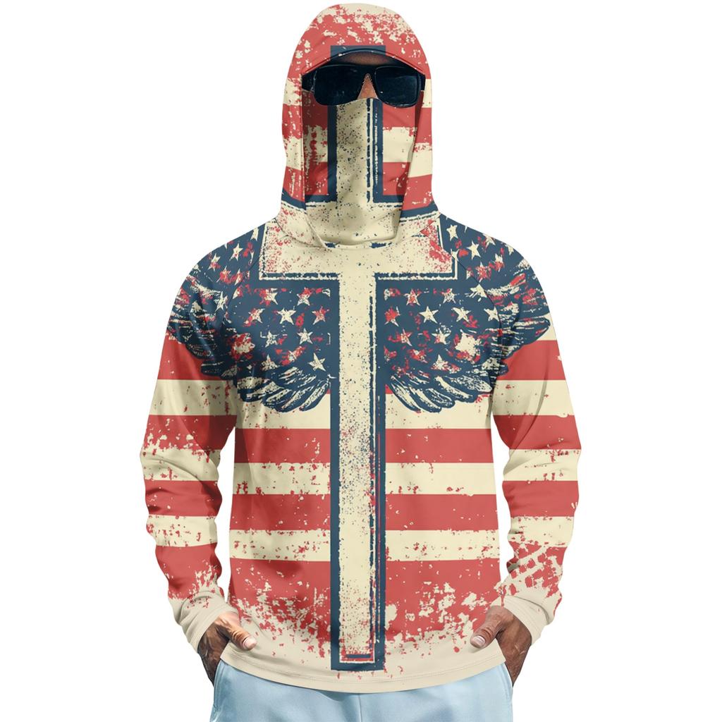 Men's Summer Long Sleeve Quick Dry Hooded Shirt with Flag Print for Outdoor Fishing Fitness Sports Sun Protection Top