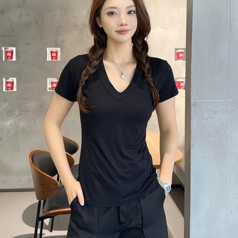 Plus size L to 6XL Modal V-Neck T-shirt Short sleeved Tees Women Ultra-thin Layering Top solid color base layer tops